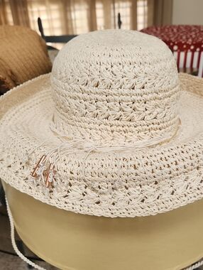 San Diego Hat Company Cream Crochet Sun Hat with Tassel Cord